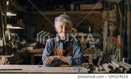 Carpenter woman portrait. Created with generative Ai technology. 104324618