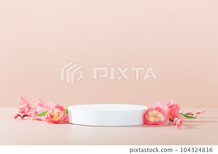 Abstract empty white podium on pink background. Mock up stand for product presentation. 3D Render. Minimal concept. Advertising template 104324816