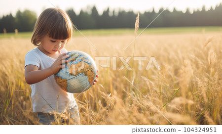 Child with globe. Created with generative Ai technology. Child with globe. Created with generative Ai technology. 104324951
