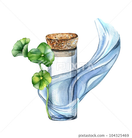 Centella asiatica, glass bottle composition watercolor illustration isolated on white. Pennywort, gotu kola water wave, cola, driftwood hand drawn. Design element for package, label, wrapping Centella asiatica, glass bottle composition watercolor illustration isolated on white. Pennywort, gotu kola water wave, cola, driftwood hand drawn. Design element for package, label, wrapping 104325469