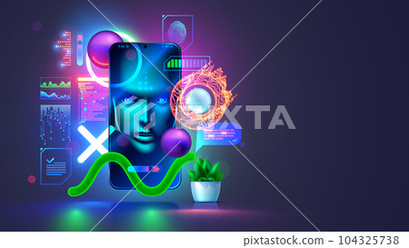 AI in image wise face on screen hanging phone with artifical intelligence. Innovation computer technology of artificial neural networks. Intelligence chatbot of mobile phone. Robot head analyse data. 104325738