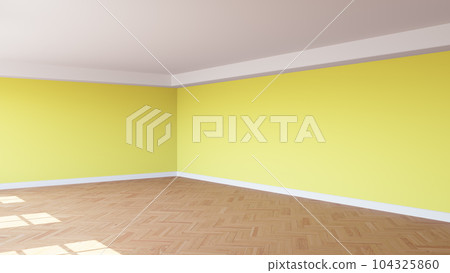 Corner of the Sunlit Interior with Yellow Walls, a White Ceiling and Cornice, Glossy Herringbone Parquet Floor, and a White Plinth. Unfurnished Room Concept. 3D render, 8K Ultra HD, 7680x4320, 300 dpi Corner of the Sunlit Interior with Yellow Walls, a White Ceiling and Cornice, Glossy Herringbone Parquet Floor, and a White Plinth. Unfurnished Room Concept. 3D render, 8K Ultra HD, 7680x4320, 300 dpi 104325860