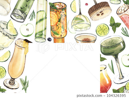 Watercolor frame, cocktail glasses: martini, gin,margarita,mojito,liquor,rum,moscow mule. Hand-drawn illustration isolated on white background. Perfect for recipe lists with alcoholic drinks, for cafe 104326395