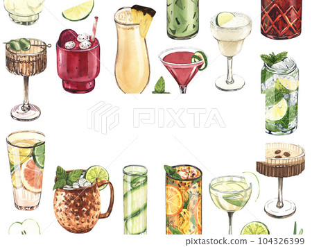 Watercolor frame, cocktail glasses: martini, gin,margarita,mojito,liquor,rum,moscow mule. Hand-drawn illustration isolated on white background. Perfect for recipe lists with alcoholic drinks, for cafe 104326399