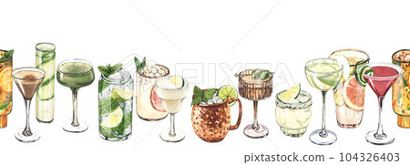 Watercolor cocktail glasses seamless banner: martini, gin, wine, margarita, goblet, liquor, rum. Hand-drawn illustration isolated on white background. Perfect for recipe lists with alcoholic drinks 104326403