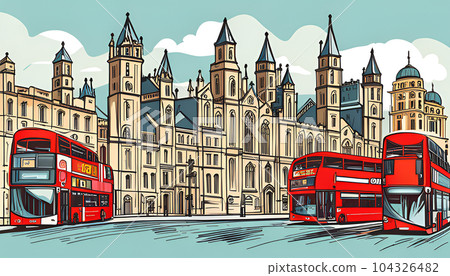 Red buses in London, England, United Kingdom- Generative AI 104326482