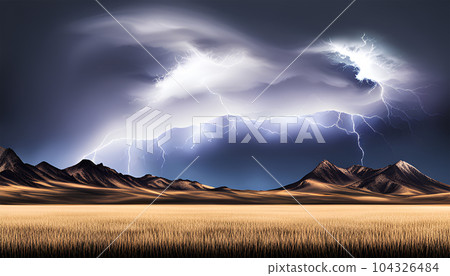 Lightnings during a storm in the countryside - Generative AI 104326484