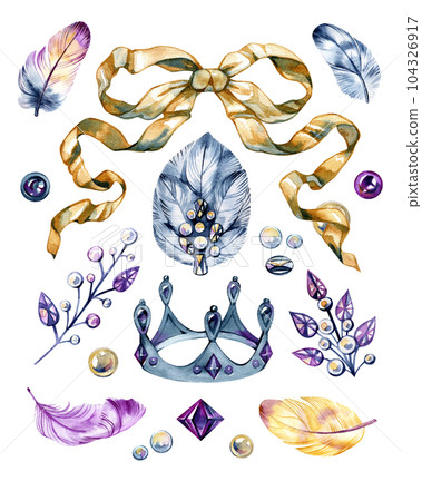 Watercolor handpainted Ballet Performance collection. Ballet accessories, crystals, gems, feathers, pearl, crown, and more 104326917