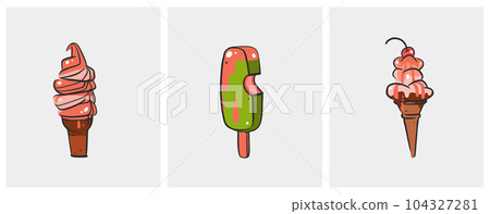 Hand drawn vector abstract cartoon ice creram cone ,sundae line art illustration set .Ice cream dessert vector illustration design concept. Sweed gelato,ice dessert cute doodle illustration isolated. Hand drawn vector abstract cartoon ice creram cone ,sundae line art illustration set .Ice cream dessert vector illustration design concept. Sweed gelato,ice dessert cute doodle illustration isolated. 104327281