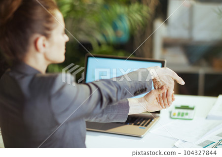 business owner woman in green office stretching hand business owner woman in green office stretching hand 104327844