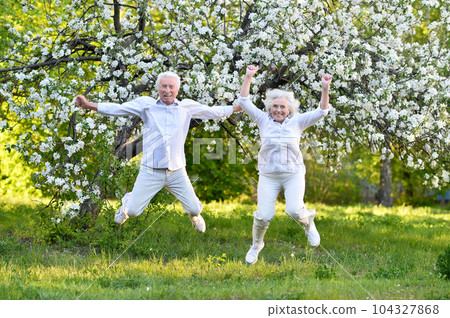 elderly couple jumps in summer in nature elderly couple jumps in summer in nature 104327868