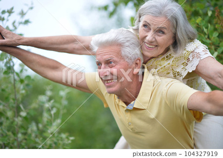 Portrait of beautiful happy senior couple in the park 104327919