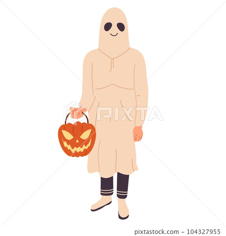 Halloween party ghost character. Man wearing ghost masquerade costume. Spooky holiday party costume flat vector illustration Halloween party ghost character. Man wearing ghost masquerade costume. Spooky holiday party costume flat vector illustration 104327955