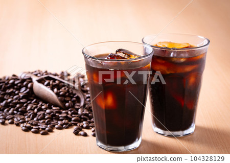 Iced coffee and coffee beans Iced coffee and coffee beans 104328129