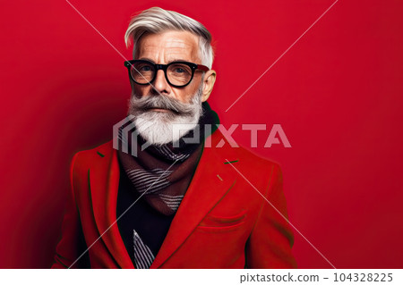 Studio shot of handsome senior man hipster dressed in stylish coat and sunglasses. Isolated on red background 104328225