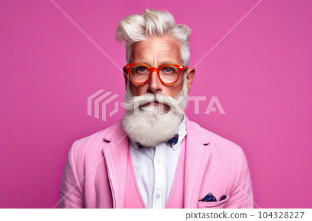 Studio shot of handsome senior man hipster dressed in stylish coat and sunglasses. Isolated on pink background 104328227