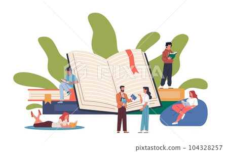 People library. Tiny book lovers read big volumes of literature, readers club, gaining knowledge, printed products, men and woman education and hobby. Cartoon flat nowaday vector concept 104328257