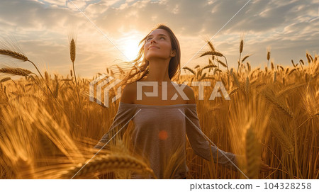 Silhouette of women in grass field at sky sunset Silhouette of women in grass field at sky sunset 104328258