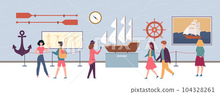 Museum or art gallery. Marine exhibition, people watching pictures and historical elements, ocean and sea exposition excursion, men and women in gallery cartoon flat isolated vector illustration 104328261