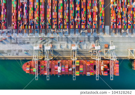 Cargo commercial port. View from a drone. Containers for transporting goods. 104328262