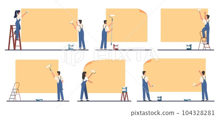 Men and women use rollers and brushes to glue posters with advertisement. Professional builders paint walls and wallpaper, copy space for ad. Cartoon flat style isolated vector set Men and women use rollers and brushes to glue posters with advertisement. Professional builders paint walls and wallpaper, copy space for ad. Cartoon flat style isolated vector set 104328281