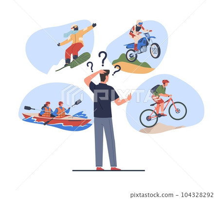 Man chooses from variety of outdoor activities snowboarding, kayaking, mountain biking or motorcycling. Summer extreme sport, adrenaline search cartoon flat style isolated vector concept Man chooses from variety of outdoor activities snowboarding, kayaking, mountain biking or motorcycling. Summer extreme sport, adrenaline search cartoon flat style isolated vector concept 104328292