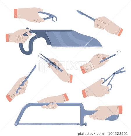 Hands in medical gloves hold surgical instruments. Flat steel tweezers, lancets, clamps and expanders, cutting operation process, steel tools for surgeon, doctor equipment nowaday vector set 104328301