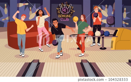 Cartoon people in bowling club. Friends knocking out pins with balls, players characters on alley, group sport game, men and women leisure time in entertainment center, tidy vector concept Cartoon people in bowling club. Friends knocking out pins with balls, players characters on alley, group sport game, men and women leisure time in entertainment center, tidy vector concept 104328333