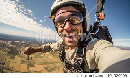 Young man parachutist smiling in free fall. Perfect concept of happiness and freedom. 104329009