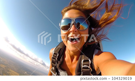 Young woman parachutist smiling in free fall. Perfect concept of happiness and freedom. 104329019