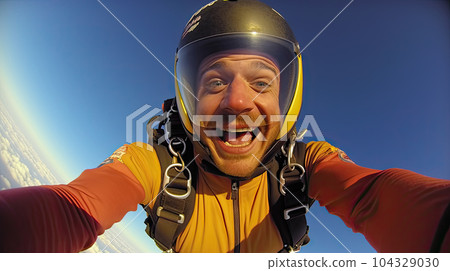Young man parachutist smiling in free fall. Perfect concept of happiness and freedom. Young man parachutist smiling in free fall. Perfect concept of happiness and freedom. 104329030