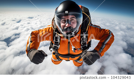 Young man parachutist smiling in free fall. Perfect concept of happiness and freedom. 104329043
