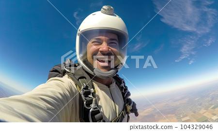 Young man parachutist smiling in free fall. Perfect concept of happiness and freedom. 104329046
