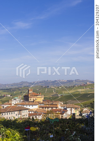 Castle and town with vineyard in Barolo, Langhe region, Piedmont, Italy Castle and town with vineyard in Barolo, Langhe region, Piedmont, Italy 104329207