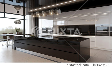 Kitchen Interior with Island, Sink, Cabinets, and Hardwood Floors in New Luxury Home. Features Elegant Pendant Light Fixtures, and Farmhouse Sink next to Window 104329528