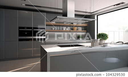Kitchen Interior with Island, Sink, Cabinets, and Hardwood Floors in New Luxury Home. Features Elegant Pendant Light Fixtures, and Farmhouse Sink next to Window 104329530