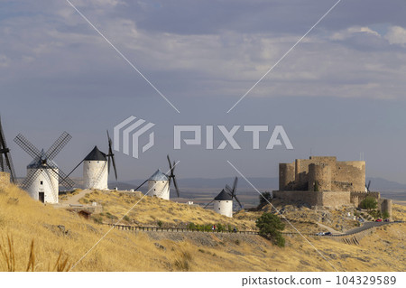 windmills and castle of Consuegra, Castilla La Mancha, Spain 104329589