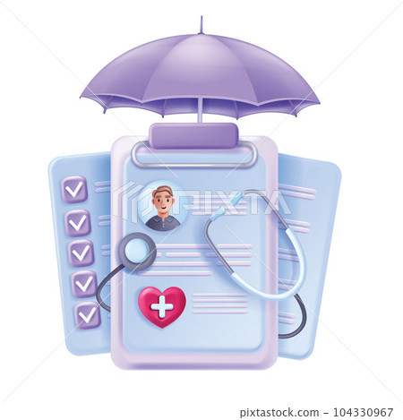 3D health insurance hospital concept, vector family healthcare polis patient medical card profile.  104330967
