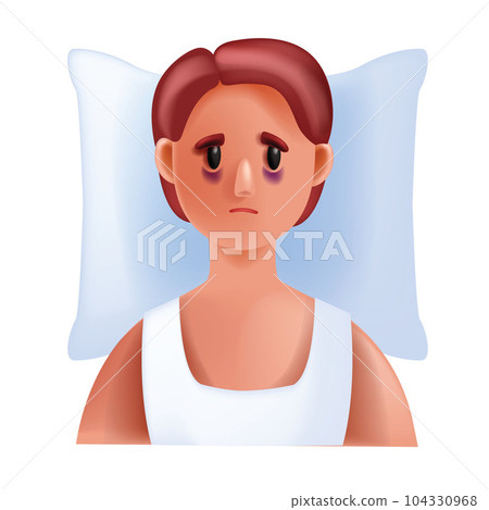 3D insomnia icon, vector woman sleep disorder, cartoon female character mental illness, pillow. 3D insomnia icon, vector woman sleep disorder, cartoon female character mental illness, pillow. 104330968