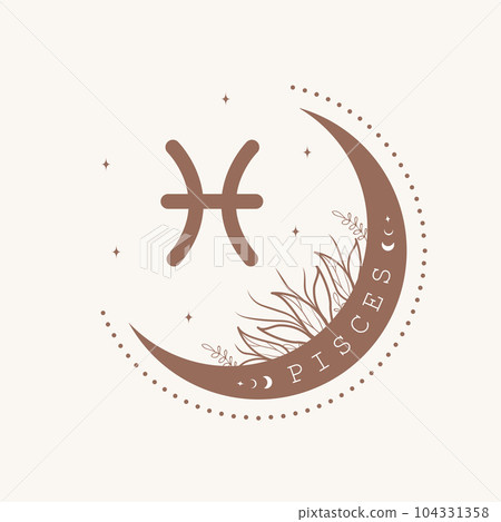 Astrological Pisces zodiac sign. Horoscope icon in boho minimalist style. Mystic vector illustration. Spiritual tarot card. Hand drawn magic vintage logo 104331358