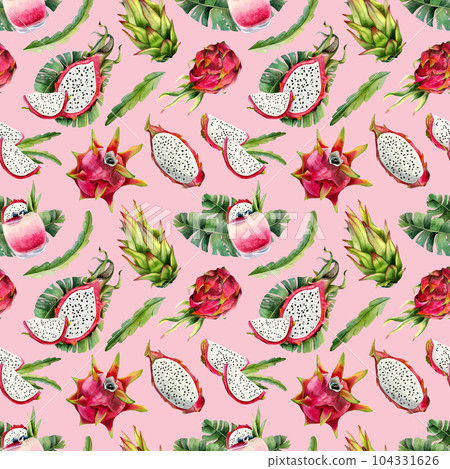 Red pitaya watercolor dragon fruits and tropical leaves seamless pattern with pitahaya drawings on light pink background for summer menus, fabrics, designs Red pitaya watercolor dragon fruits and tropical leaves seamless pattern with pitahaya drawings on light pink background for summer menus, fabrics, designs 104331626