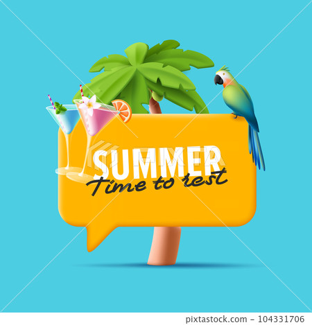 Summer cocktail party composition with 3D margarita cocktail, with parrot and speech bubble with promo text 104331706