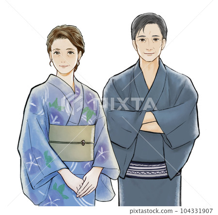 A middle-aged couple wearing a yukata A middle-aged couple wearing a yukata 104331907