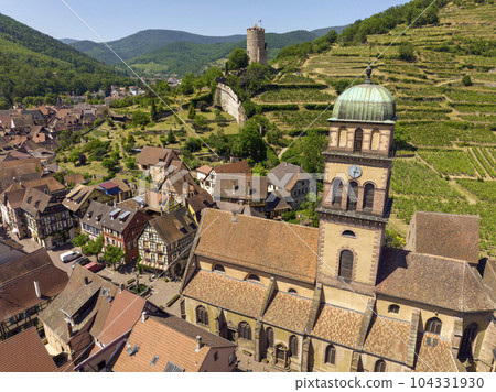 Aerial Drone Shot of the village of Kaysersberg in Alsace in a day. Summer in France, Castle and a beautiful City 104331930