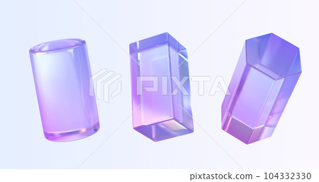 Glass cylinder, rectangle and hexagon 3d render icons set. Abstract geometry shapes with holographic gradient texture, crystal rainbow objects, graphic elements isolated on background. 3D illustration 104332330
