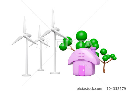 3d windmill, wind turbine with house, tree isolated. free electricity, renewable energy concept, 3d render illustration 3d windmill, wind turbine with house, tree isolated. free electricity, renewable energy concept, 3d render illustration 104332579