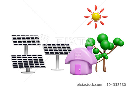 Solar Panel with house, tree isolated. free electricity, renewable energy concept, 3d render illustration Solar Panel with house, tree isolated. free electricity, renewable energy concept, 3d render illustration 104332580