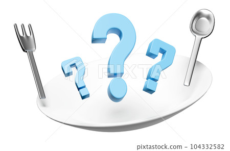 porcelain plate with spoon, fork, question mark isolated. eat what concept, 3d render illustration porcelain plate with spoon, fork, question mark isolated. eat what concept, 3d render illustration 104332582