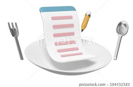 porcelain plate with food items, menu, spoon, fork, question mark, pencil isolated. eat what concept, 3d render illustration porcelain plate with food items, menu, spoon, fork, question mark, pencil isolated. eat what concept, 3d render illustration 104332583