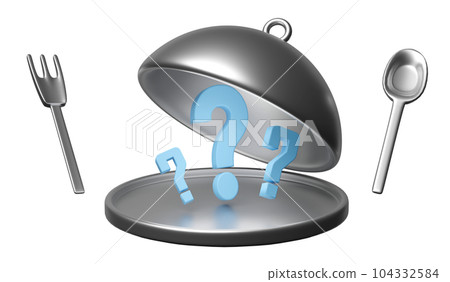 silver plate with food cover, spoon, fork, question mark isolated. eat what concept, 3d render illustration silver plate with food cover, spoon, fork, question mark isolated. eat what concept, 3d render illustration 104332584